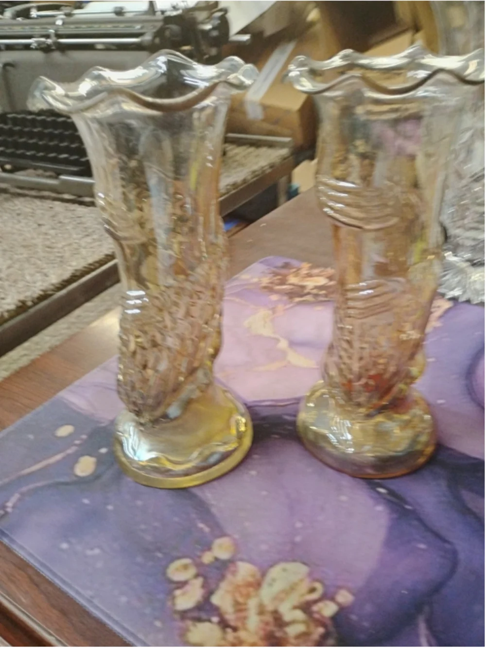 Vintage Flower Vase Pair Carnival Glass Marigold Koi Fish Design Decorative
